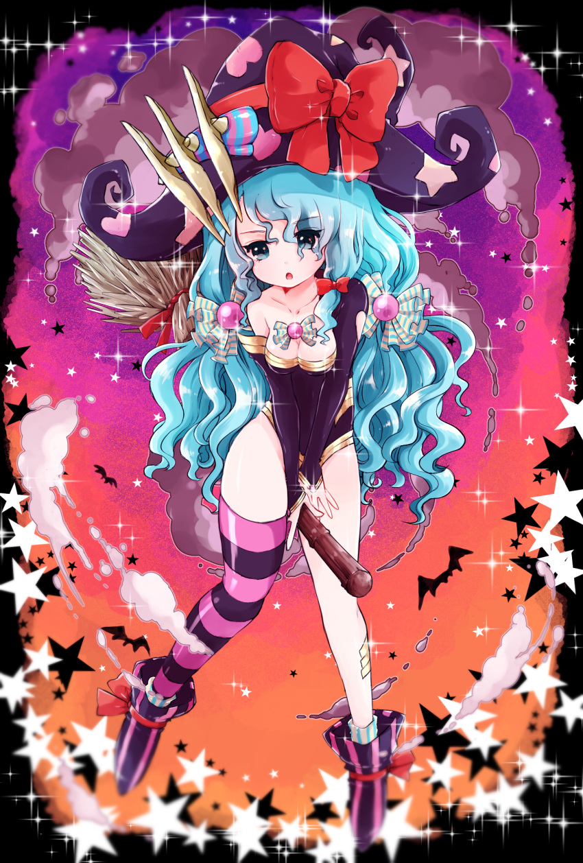 1girl ankle_boots ankle_ribbon aqua_eyes aqua_hair bat boots bow breasts bridal_gauntlets broom broom_riding cleavage collarbone hair_bow halloween hat heart highres leotard long_hair medium_breasts pikomarie puzzle_&amp;_dragons ribbon scheat_(p&amp;d) single_thighhigh smoke solo star striped striped_legwear thigh-highs v_arms very_long_hair wavy_hair witch_hat