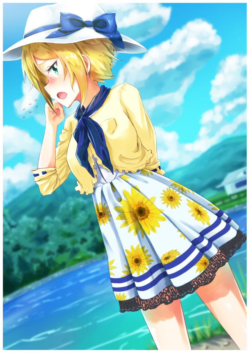 0141zucker 1girl blonde_hair blush casual clouds dutch_angle embarrassed green_eyes hat highres nonohara_hime open_mouth short_hair skirt sky solo sweatdrop tokyo_7th_sisters water