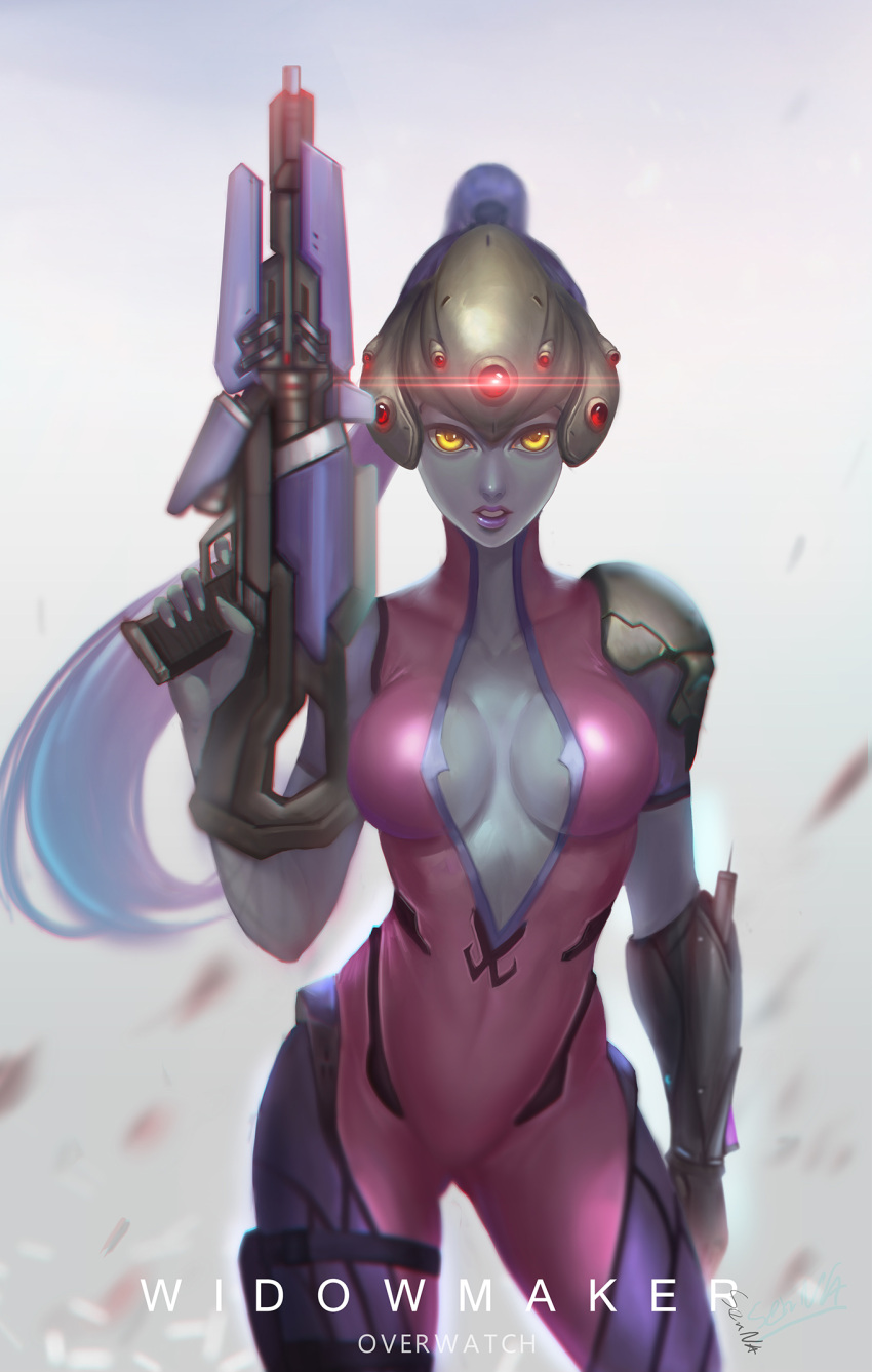 1girl bodysuit breasts center_opening character_name chromatic_aberration cleavage collarbone contrapposto copyright_name covered_navel cowboy_shot d.sum finger_on_trigger gloves grey_background gun head_mounted_display highres holding holding_gun holding_weapon large_breasts lips long_hair looking_at_viewer nose overwatch parted_lips ponytail purple_hair purple_skin rifle sniper_rifle solo very_long_hair visor weapon widowmaker_(overwatch) yellow_eyes