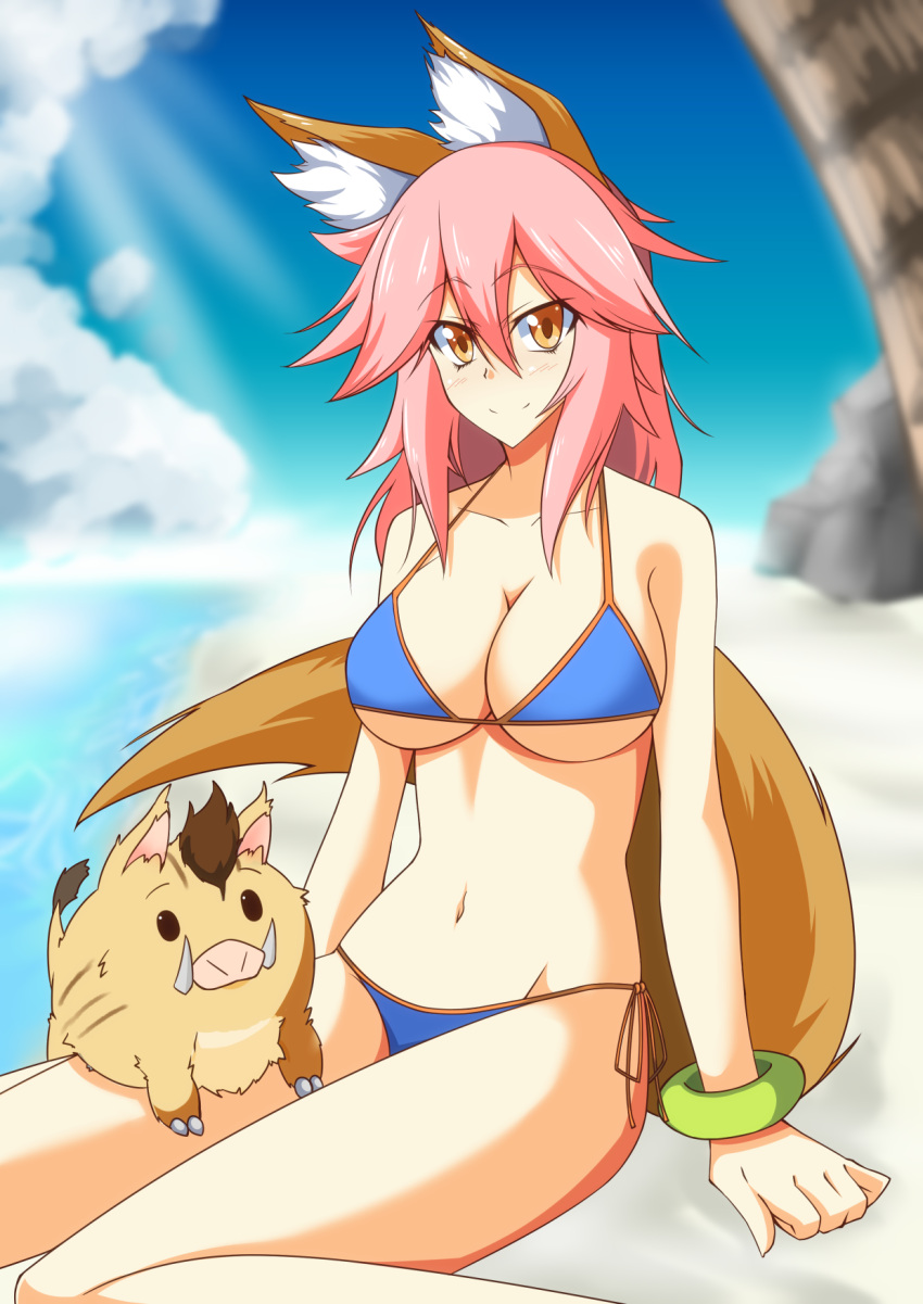 1girl animal animal_ears bikini blush breasts caster_(fate/extra) cleavage collarbone fate/extra fate/grand_order fate_(series) fiesta_(fiesta303) fox_ears fox_tail groin highres large_breasts light_smile long_hair looking_at_viewer navel pink_hair sitting solo swimsuit tail yellow_eyes