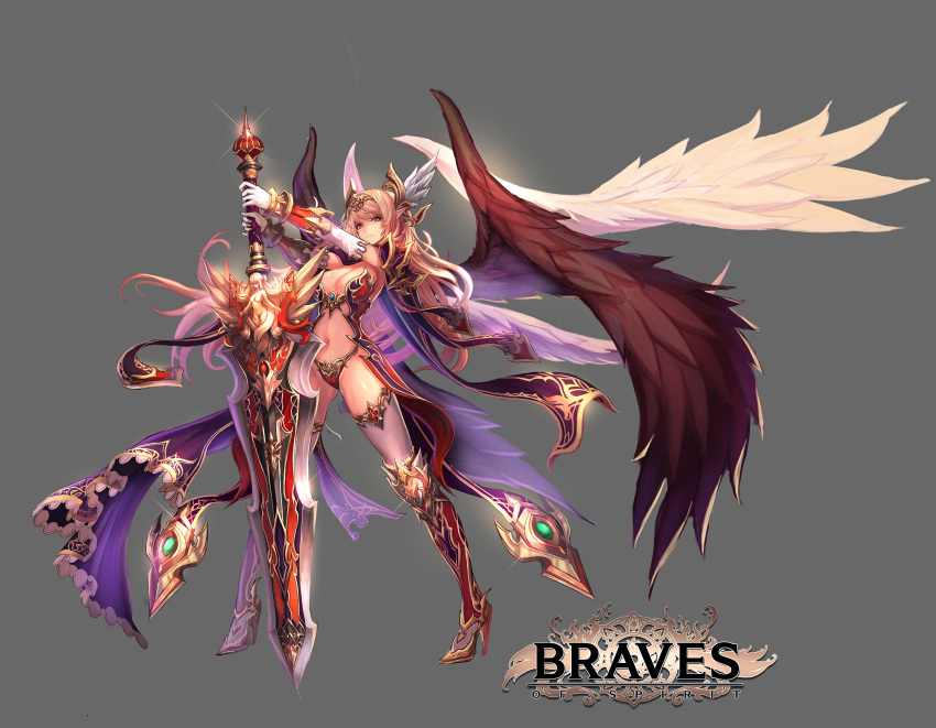 1girl armor bikini_armor blonde_hair boots elbow_gloves gloves grey_background high_heel_boots high_heels highres huge_weapon long_hair navel pointy_ears qbspdl red_eyes simple_background sword thigh_strap two-handed_sword vambraces weapon wind wings