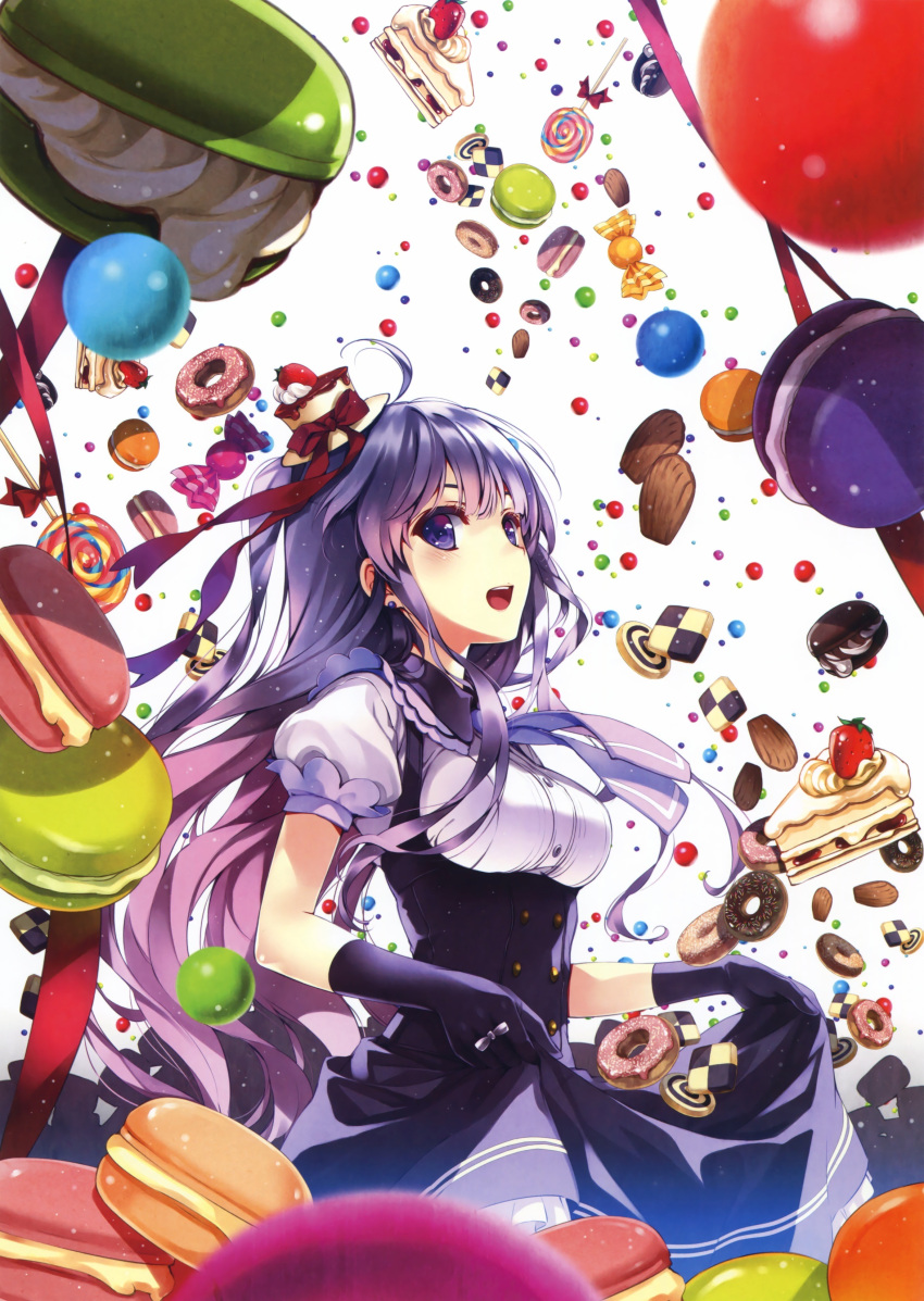 1girl absurdres blue_eyes blush cake candy doughnut dress earrings elbow_gloves food gloves hat highres jewelry juliet_sleeves lollipop long_hair long_sleeves looking_at_viewer macaron misaki_kurehito necktie open_mouth original puffy_sleeves purple_hair solo white_background