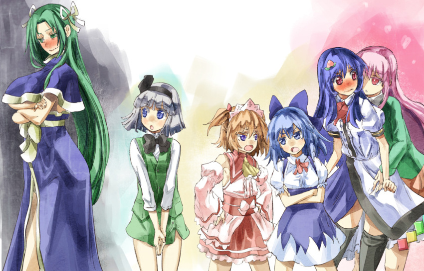 6+girls black_legwear blue_eyes blue_hair blush bow breast_hold breasts capelet cirno commentary_request crossed_arms detached_collar dress_shirt food fruit green_eyes green_hair grey_hair hair_bow hair_ornament hair_ribbon hairclip hands_on_hips hata_no_kokoro headdress height_difference hinanawi_tenshi konpaku_youmu large_breasts long_hair mima multiple_girls no_hat no_headwear open_mouth peach pink_eyes pink_hair red_eyes ribbon shirt short_hair skirt skirt_set sunny_milk thigh-highs touhou touhou_(pc-98) two_side_up under_boob underbust yohane