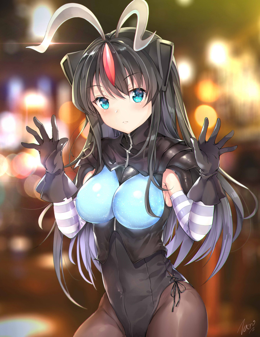 1girl absurdres antennae bangs black_gloves black_hair black_leotard black_ribbon blue_eyes blurry blurry_background blush bokeh breasts brown_legwear closed_mouth commentary_request covered_navel depth_of_field detached_sleeves eyebrows_visible_through_hair glint gloves hair_between_eyes hands_up headgear highres horizontal_stripes leotard long_hair looking_at_viewer maga_zetton medium_breasts pantyhose personification raised_eyebrows ribbon shiny shiny_hair sidelocks signature solo spaulders standing striped taro_(ultrataro) ultra_kaijuu_gijinka_keikaku ultra_series ultraman_orb_(series) zetton