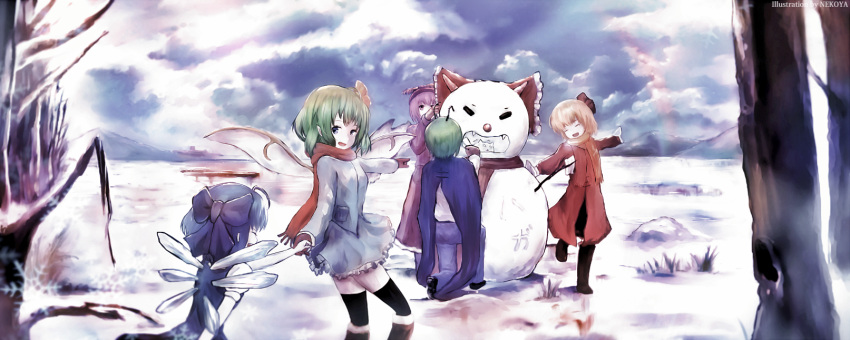 5girls :d antennae bird_wings black_legwear blonde_hair blue_dress blue_eyes blue_hair blue_sky boots bow cape cirno closed_eyes clouds coat cosplay daiyousei dress dyolf fairy_wings fangs faux_traditional_media gloves green_hair hair_bow hair_ribbon hakurei_reimu hakurei_reimu_(cosplay) hat highres ice ice_wings lake long_sleeves multiple_girls mystia_lorelei oni_horns open_mouth outstretched_arms pants pink_eyes pink_hair ribbon rumia scarf scarlet_devil_mansion short_hair side_ponytail sky smile snow snowman team_9 thigh-highs thighs touhou wings winter winter_clothes winter_coat wriggle_nightbug