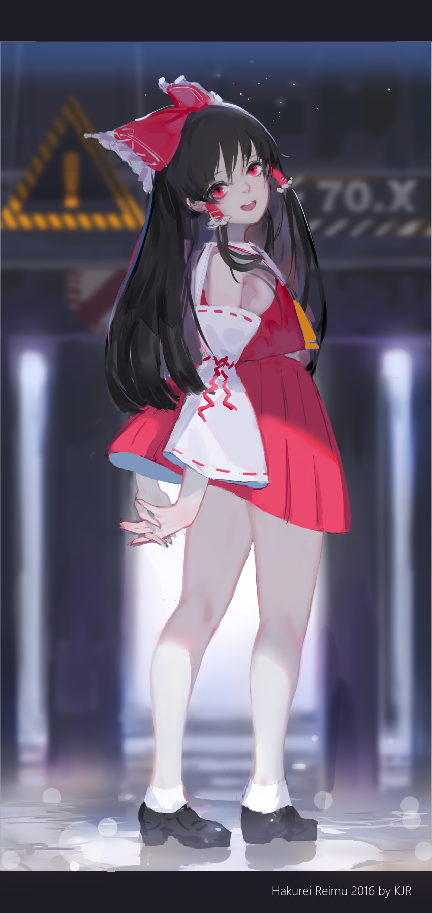 1girl 2016 :d absurdres arms_behind_back black_hair blurry depth_of_field detached_sleeves from_side full_body hakurei_reimu hands_clasped highres hoshimawa japanese_clothes long_hair looking_at_viewer miko open_mouth red_eyes smile solo teeth touhou