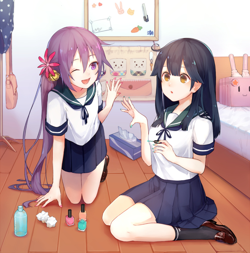 2girls :o ;d af-helen ahoge akebono_(kantai_collection) aqua_nails arm_support bag bangs bed bedroom bell black_hair black_legwear blouse blue_skirt brown_eyes brown_shoes coat_rack flower hair_bell hair_flower hair_ornament highres indoors jingle_bell kantai_collection key kneeling loafers long_hair looking_at_another multiple_girls nail_polish nail_polish_bottle on_floor one-piece_swimsuit one_eye_closed open_mouth outstretched_hand painting_nails pink_nails pleated_skirt polka_dot polka_dot_swimsuit purple_hair room school_uniform seiza serafuku shoes short_sleeves shoulder_bag side_ponytail sitting skirt smile socks swimsuit swimsuit_removed tissue_box turret used_tissue ushio_(kantai_collection) very_long_hair violet_eyes wariza white_blouse wooden_floor