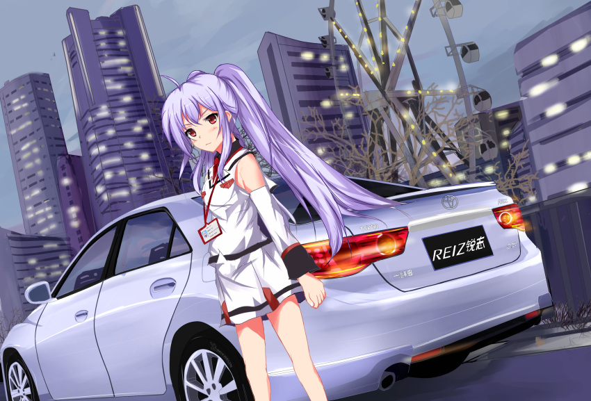 1girl absurdres ahoge bibendum brown_eyes building car commentary_request detached_sleeves ferris_wheel ground_vehicle highres isla_(plastic_memories) long_hair looking_at_viewer michelin motor_vehicle name_tag plastic_memories purple_hair skyscraper solo tianyu_jifeng tire toyota toyota_reiz twintails