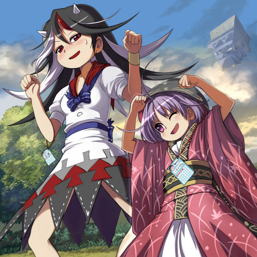 2girls ahoge black_hair blue_bow blue_bowtie blush bow bowl bowl_hat bowtie bracelet castle commentary commentary_request dress exercise hat highres horns japanese_clothes jewelry kijin_seija kimono multicolored_hair multiple_girls obi one_eye_closed puffy_short_sleeves puffy_sleeves purple_hair radio_exercises red_eyes sash shining_needle_castle shope short_sleeves smile stamp-sheet streaked_hair stretch sukuna_shinmyoumaru sweat touhou violet_eyes white_hair wide_sleeves