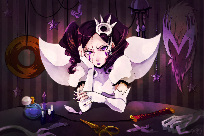 1girl bleach bottle cirucci_sanderwicci elbow_gloves facial_mark feathers fingerless_gloves gloves hair_ornament looking_at_viewer nail_polish nail_polish_bottle perfume_bottle puffy_short_sleeves puffy_sleeves purple_hair purple_nails ronisuke scissors short_sleeves short_twintails solo stitches table twintails violet_eyes whip zombie