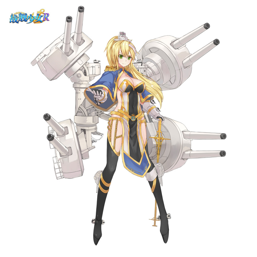1girl blonde_hair boots chain copyright_name green_eyes highres logo ponytail simple_background solo stmaster sword thigh-highs thigh_boots turret vanguard_(zhan_jian_shao_nyu) weapon white_background zhan_jian_shao_nyu