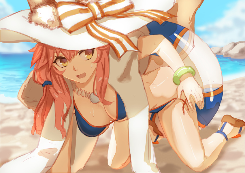 1girl all_fours animal_ears bangle bikini blush bracelet breasts caster_(fate/extra) cleavage collarbone fate/extra fate/grand_order fate_(series) fox_ears fox_tail hat jacky5493 jewelry large_breasts looking_at_viewer nature necklace ocean open_mouth pink_hair solo swimsuit tail type-moon wardrobe_malfunction yellow_eyes