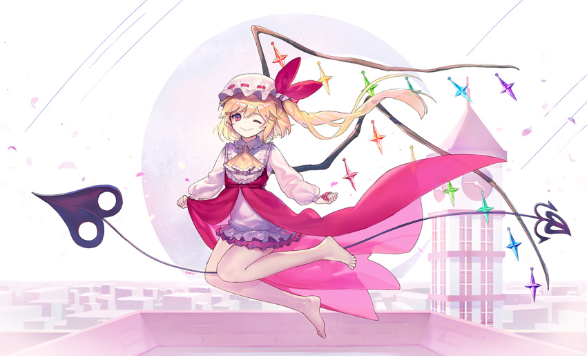 1girl ;) adapted_costume ainy77 ascot bare_legs barefoot bent_knees blonde_hair closed_mouth crystal flandre_scarlet flying frilled_shirt_collar frills full_body hat hat_ribbon laevatein long_ponytail long_sleeves looking_at_viewer mob_cap one_eye_closed overskirt puffy_long_sleeves puffy_sleeves red_eyes red_ribbon ribbon side_ponytail smile solo touhou wings