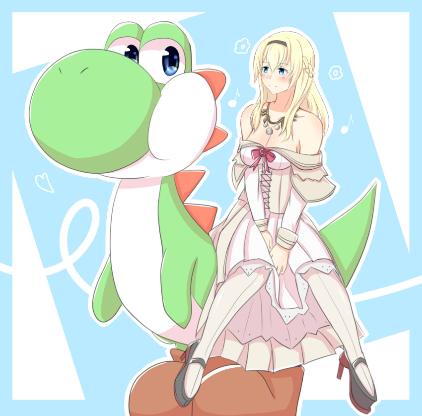 1girl bare_shoulders blonde_hair blue_eyes breasts cleavage commentary_request crossover detached_sleeves dress hairband high_heels highres jewelry kantai_collection kenahisu_(kenahisu62) long_hair super_mario_bros. necklace no_headwear off-shoulder_dress off_shoulder pantyhose sidesaddle smile super_mario_bros. super_mario_world warspite_(kantai_collection) white_dress white_legwear yoshi