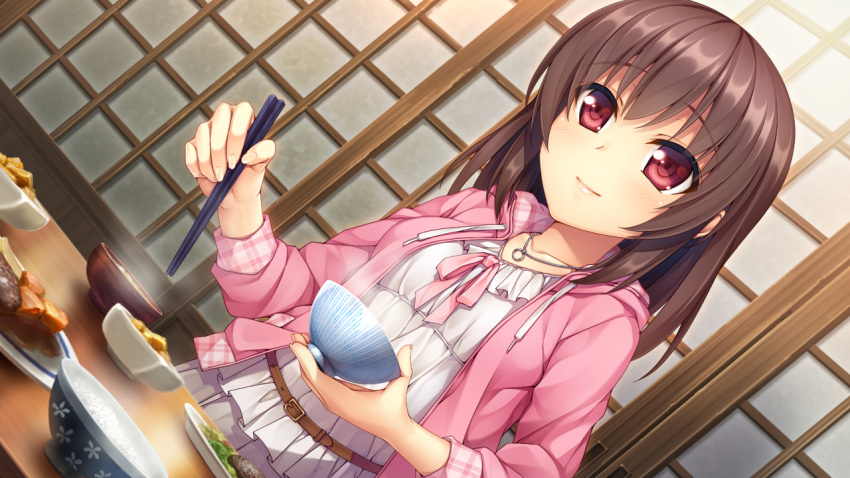 1girl akizora_momiji belt belt_buckle blush brown_hair buckle chopsticks closed_mouth collarbone dutch_angle eyebrows eyebrows_visible_through_hair food food_bowl game_cg holding_bowl hood hood_down hooded_jacket indoors inochi_no_spare_-_i_was_born_for_you jacket jewelry long_hair long_sleeves meat necklace open_clothes open_jacket pendant pink_jacket pink_ribbon plate red_eyes ribbon rice rice_bowl shukugawa_meguri sliding_doors smile solo steam table upper_body
