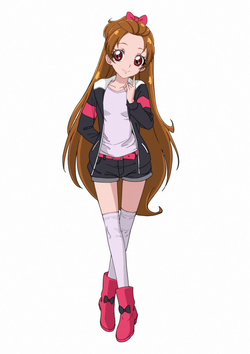 1girl arm_behind_back belt belt_buckle black_bow black_jacket black_shorts boots bow brown_hair buckle closed_mouth collarbone dokidoki!_precure full_body grey_legwear grey_shirt hair_bow highres jacket long_hair long_sleeves looking_at_viewer madoka_aguri open_clothes open_jacket precure red_belt red_bow red_eyes red_footwear shiny shiny_hair shirt short_shorts shorts simple_background smile solo standing thigh-highs thigh_gap towairaito-chan! very_long_hair white_background