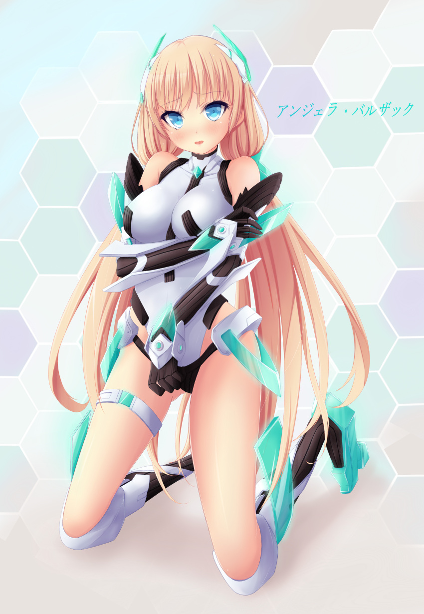 1girl :o absurdres angela_balzac armor ass_visible_through_thighs bangs bare_shoulders blonde_hair blue_eyes blush boots breasts character_name covered_collarbone elbow_gloves embarrassed faulds full_body gloves greaves groin halterneck headgear hexagon highleg highleg_leotard highres hip_vent holding_arm honeycomb_background impossible_clothes impossible_leotard knee_boots kneeling kuro_neko_(yxmikan) legs_apart leotard long_hair looking_at_viewer low_twintails medium_breasts neon_trim open_mouth parted_bangs pilot_suit raised_eyebrows rakuen_tsuihou shadow solo thigh_strap turtleneck twintails vambraces very_long_hair