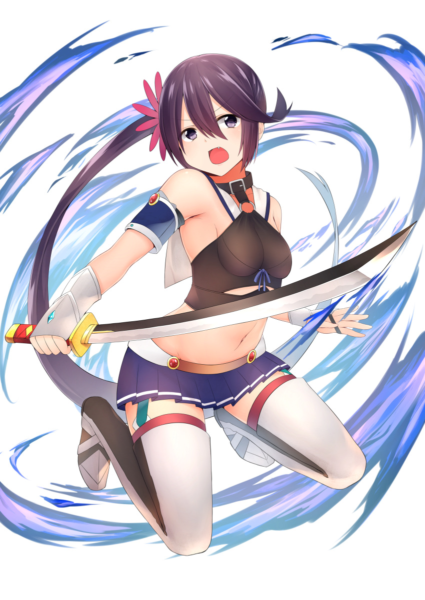 1girl absurdres akebono_(kantai_collection) akky_(akimi1127) alternate_costume bare_shoulders bell blue_skirt boots breasts fang flower garter_straps gloves hair_bell hair_between_eyes hair_flower hair_ornament highres holding holding_sword holding_weapon kantai_collection katana long_hair looking_at_viewer midriff miniskirt navel open_mouth pleated_skirt purple_hair side_ponytail sideboob skirt small_breasts solo sword thigh-highs thigh_boots very_long_hair violet_eyes weapon zettai_ryouiki