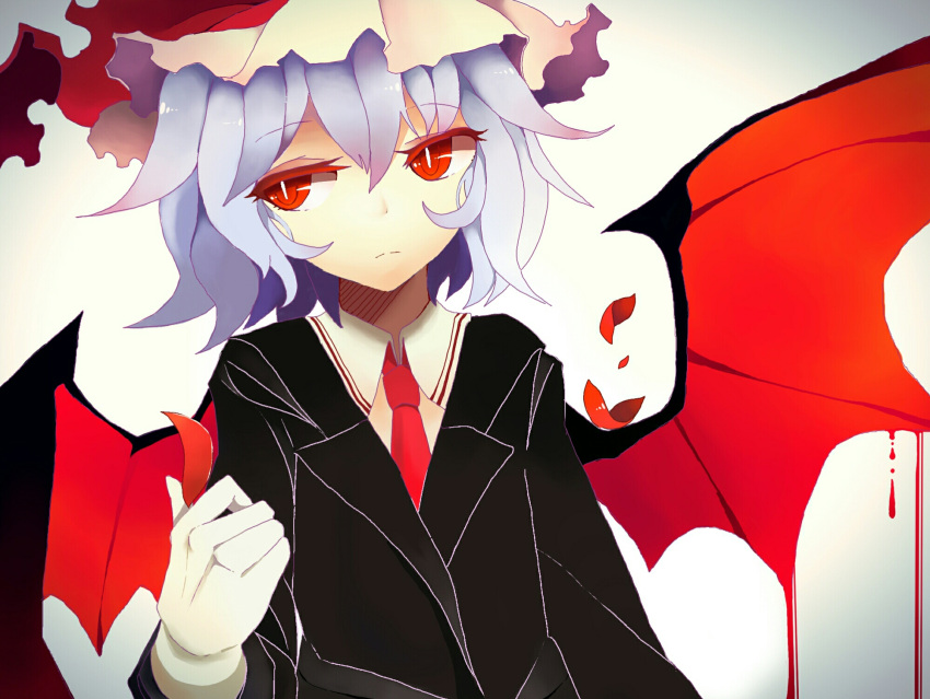 1girl bat_wings dripping formal hair_between_eyes hat highres lavender_hair mob_cap necktie petals red_eyes red_necktie remilia_scarlet short_hair solo suit suit_jacket touhou upper_body white_background wings yamaarashi_(kakamiaku)