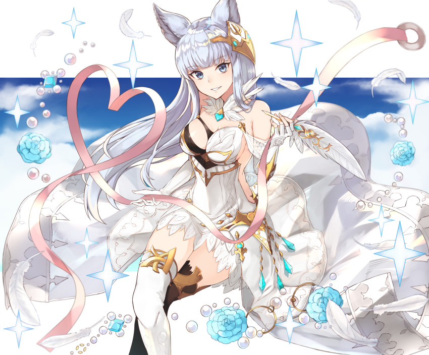 1girl animal_ears asymmetrical_clothes asymmetrical_legwear bangs bare_shoulders blue_eyes blue_rose blue_sky blunt_bangs breasts cat_ears cleavage clouds cloudy_sky crossed_legs dress elbow_gloves erun_(granblue_fantasy) feathers fingerless_gloves flower gen_(gen_7254) gloves granblue_fantasy grin hair_ornament heart highres holding korwa long_hair looking_at_viewer medium_breasts pearl quill ribbon rose showgirl_skirt silver_hair sitting sky smile solo sparkle thigh-highs tsurime white_gloves zettai_ryouiki
