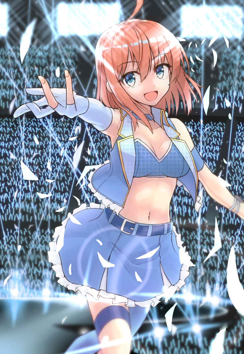 1girl asymmetrical_gloves audience bare_shoulders blue_eyes blush crop_top elbow_gloves gloves glowstick highres looking_at_viewer midriff open_mouth original partly_fingerless_gloves short_hair shunichi single_elbow_glove skirt smile solo_focus thigh_strap vest