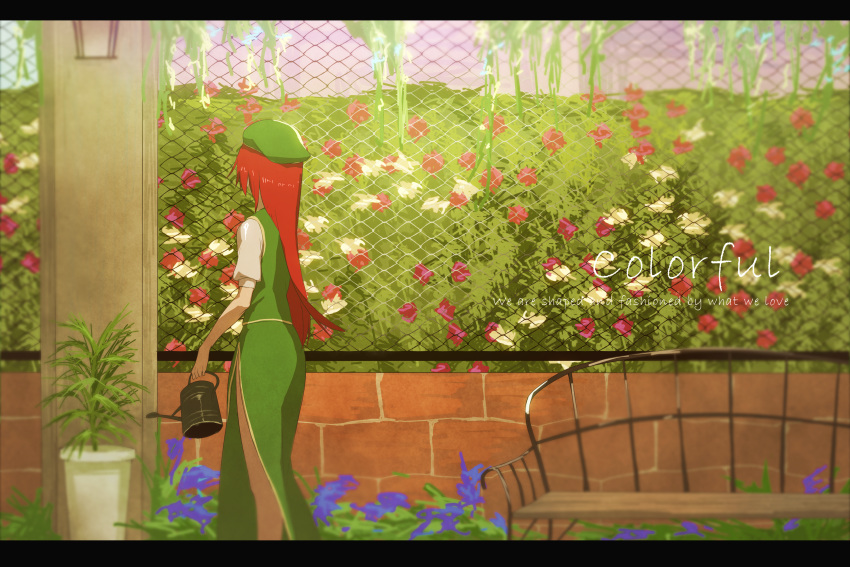 bench beret chinese_clothes english fence flower gomibukurokarasu hat highres hong_meiling puffy_short_sleeves puffy_sleeves redhead short_sleeves skirt skirt_set solo touhou wall watering_can