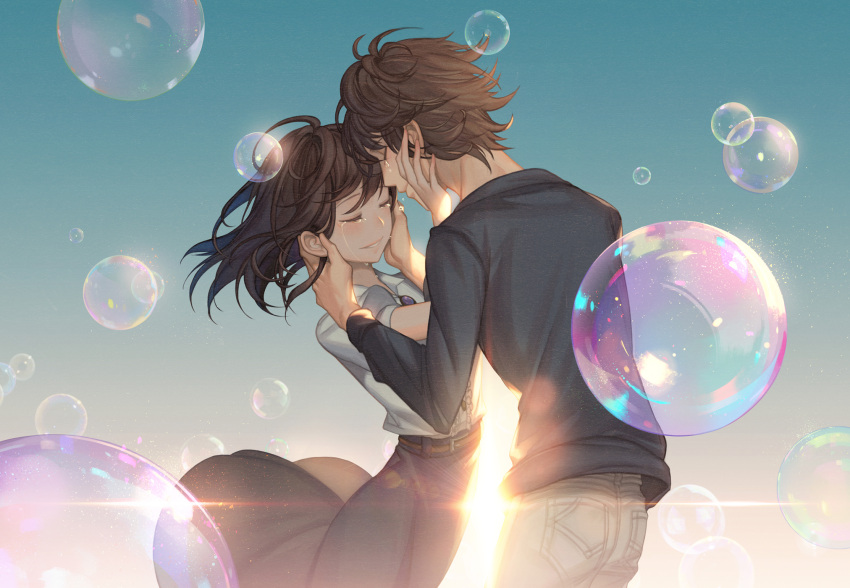 1boy 1girl bubble closed_eyes commentary couple hand_on_another's_face hetero highres mt_(ringofive) original tears