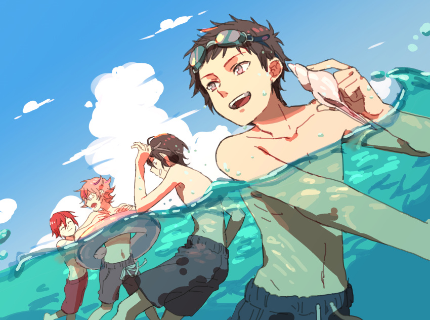 4boys ^_^ atsushi_toushirou black_hair brown_hair closed_eyes goggles goggles_on_head gotou_toushirou grey_eyes gyuunyuu_(mashika) highres innertube male_focus male_swimwear multiple_boys open_mouth partially_submerged redhead seashell shell shinano_toushirou smile swim_trunks swimming swimwear touken_ranbu violet_eyes water yagen_toushirou