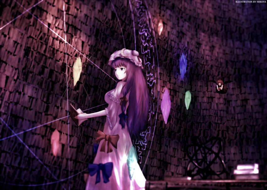 2girls blue_bow blurry book bookshelf bow capelet crescent crystal demon_girl demon_wings depth_of_field dyolf flying frilled_sleeves frills hair_bow hat head_wings highres holding holding_book indoors koakuma library long_hair magic_circle mob_cap multiple_girls open_book patchouli_knowledge purple_hair red_bow redhead revision ribbon solo_focus touhou violet_eyes voile wide_sleeves wings