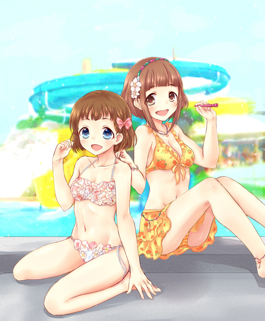 2girls :d absurdres anklet barefoot bikini blue_eyes breasts brown_eyes brown_hair collarbone flower hair_flower hair_ornament highres idolmaster idolmaster_cinderella_girls jewelry kitami_yuzu kudou_shinobu kudukimii multiple_girls necklace open_mouth pool short_hair side-tie_bikini sitting small_breasts smile swimsuit wariza water_slide