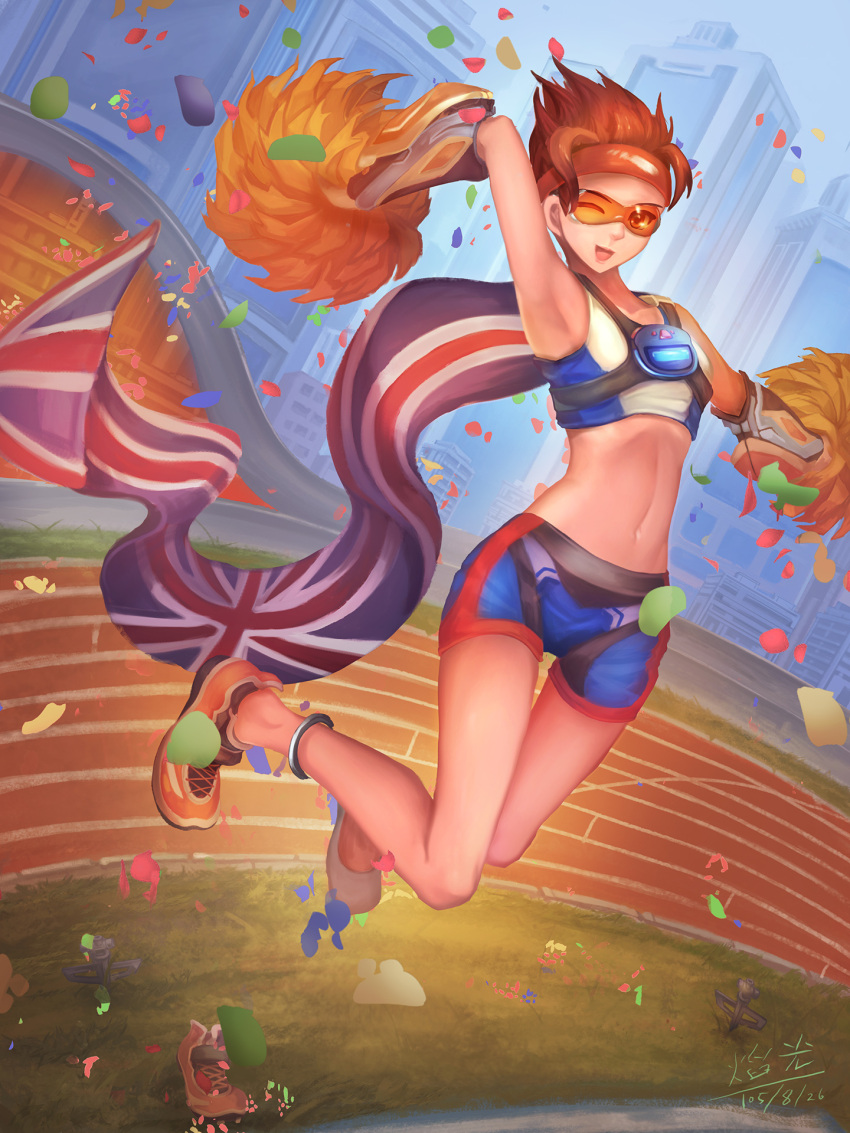 1girl alternate_costume armpits bad_perspective breasts brown_eyes brown_hair building cape cheering cheerleader collarbone confetti crop_top ear_piercing flag full_body goggles grass harness headband highres jumping looking_at_viewer nail_polish navel olympics one_eye_closed open_mouth outdoors overwatch piercing pom_poms poorly_drawn shoe_loss shoes short_hair shorts single_shoe sleeveless small_breasts smile solo spiky_hair sprinkler sprinter_tracer tracer_(overwatch) track_and_field union_jack yan_guang_aoxiang