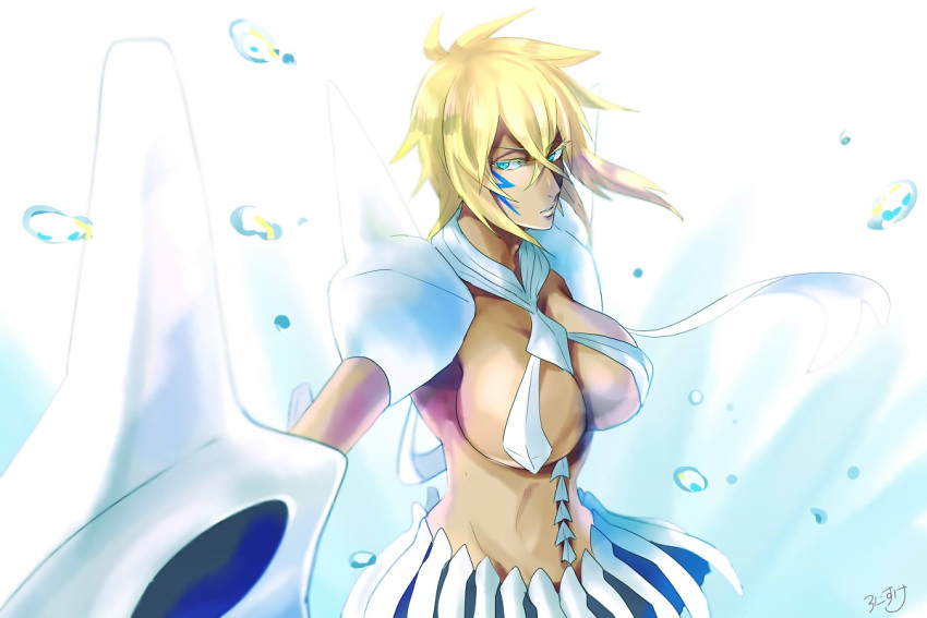 1girl arrancar bleach blonde_hair breasts cleavage dark_skin facial_mark green_eyes large_breasts ronisuke short_hair skirt solo tier_harribel under_boob