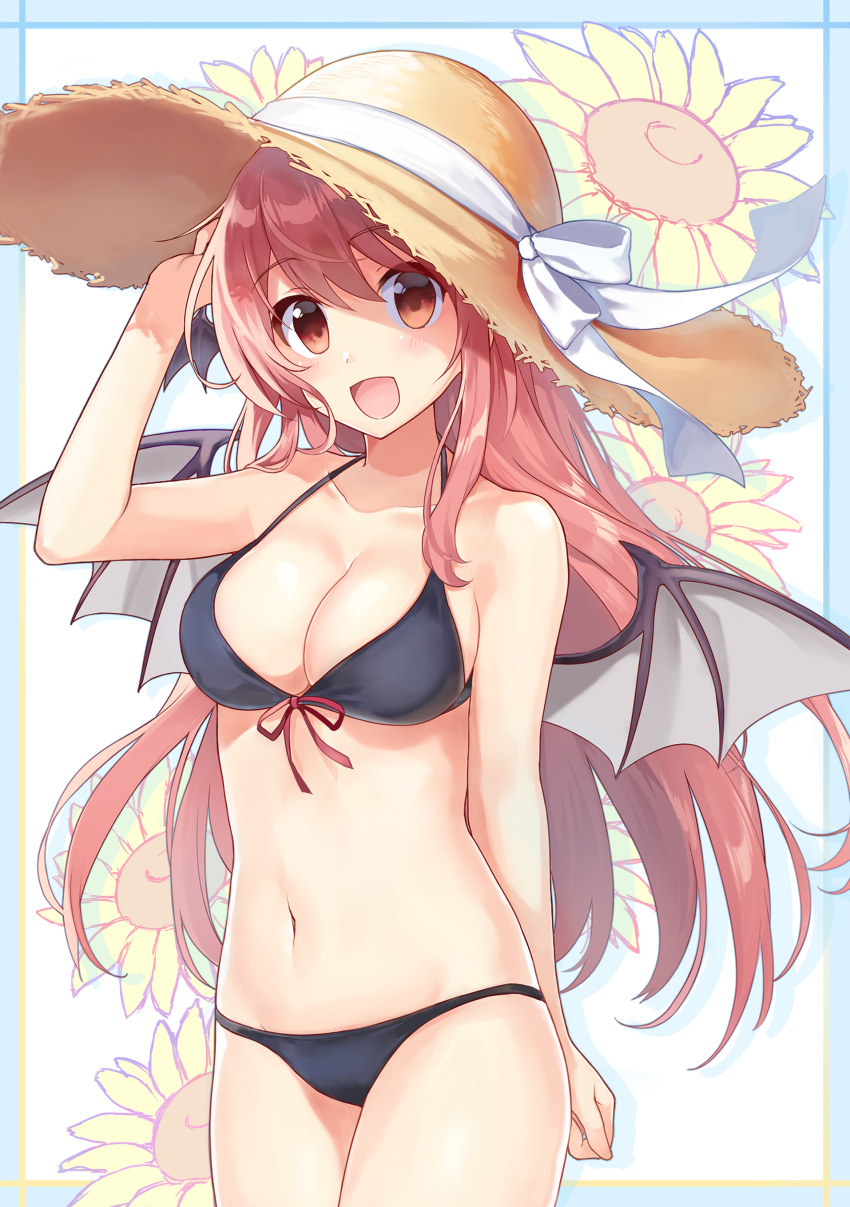 1girl :d absurdres alternate_costume bare_shoulders bikini black_bikini blush breasts cleavage collarbone commentary_request cowboy_shot demon_girl demon_wings floral_background flower front-tie_bikini front-tie_top hat hat_ribbon head_wings highres koakuma long_hair looking_at_viewer medium_breasts navel open_mouth red_eyes redhead ribbon smile solo stomach straw_hat sunflower swimsuit touhou very_long_hair white_ribbon wings yada_(xxxadaman)