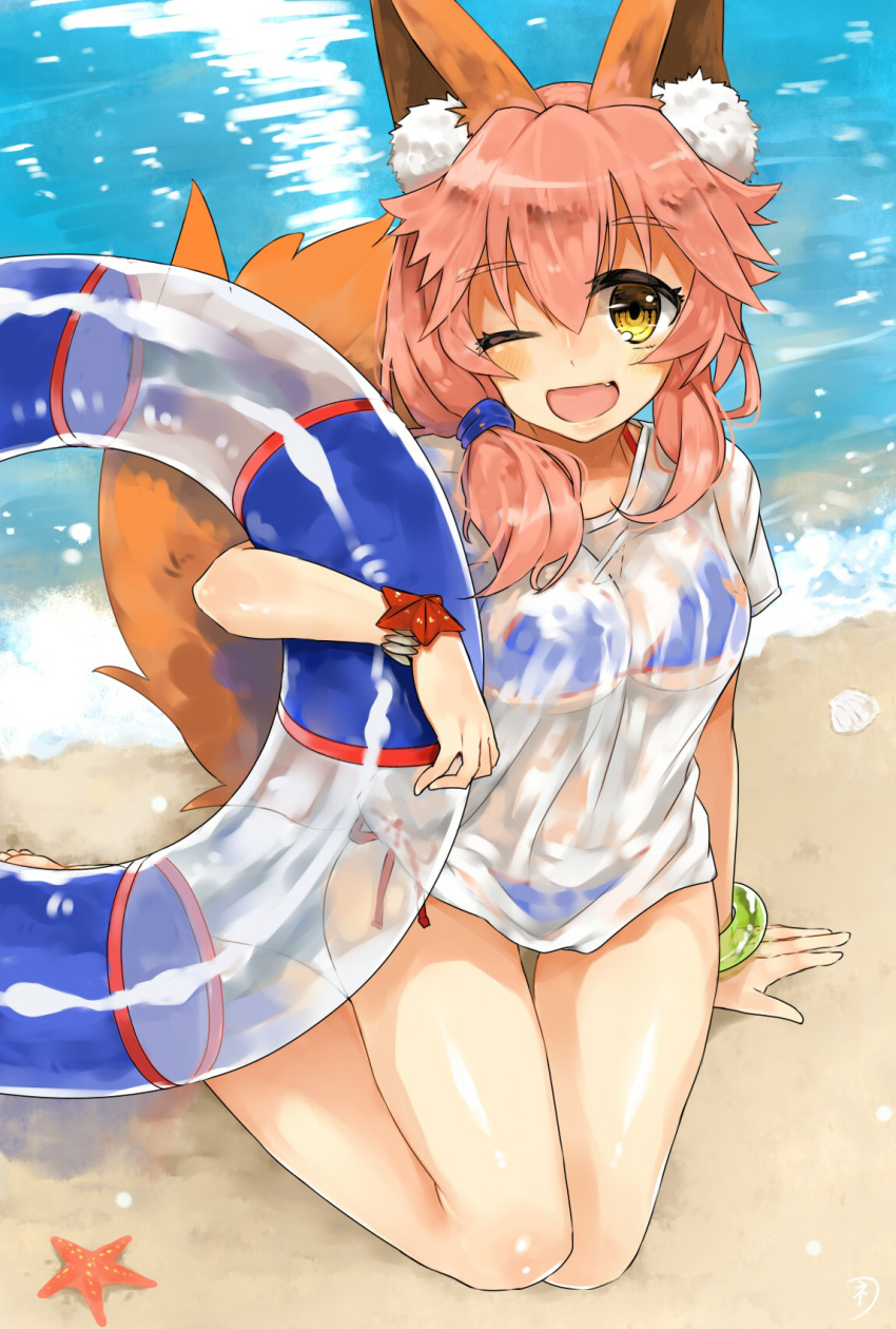 1girl ;d animal_ears bikini blush breasts caster_(fate/extra) cleavage fang fate/extra fate/grand_order fate_(series) fox_ears fox_tail highres jewelry large_breasts looking_at_viewer nature necklace niseneko_(mofumofu_ga_ienai) one_eye_closed open_mouth pink_hair see-through sitting smile solo swimsuit tail yellow_eyes