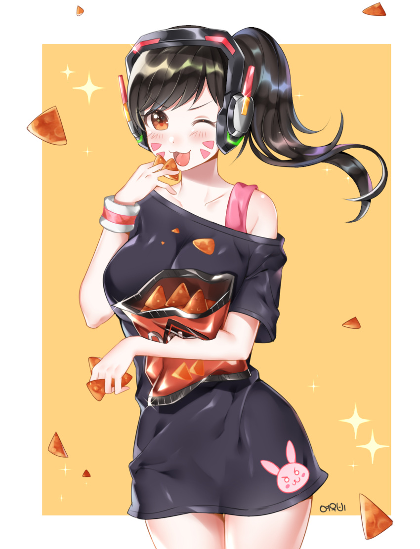 1girl :3 alternate_breast_size alternate_hairstyle armband artist_name bare_shoulders between_fingers black_dress black_hair breasts brown_eyes bunny_print casual chips collarbone d.va_(overwatch) doritos dress eyebrows eyebrows_visible_through_hair facepaint facial_mark hand_up headphones highres large_breasts legs_together long_hair looking_at_viewer off-shoulder_dress off_shoulder one_eye_closed open_mouth overwatch ponytail short_sleeves smile solo sparkle thigh_gap tl_astral7536 tongue whisker_markings