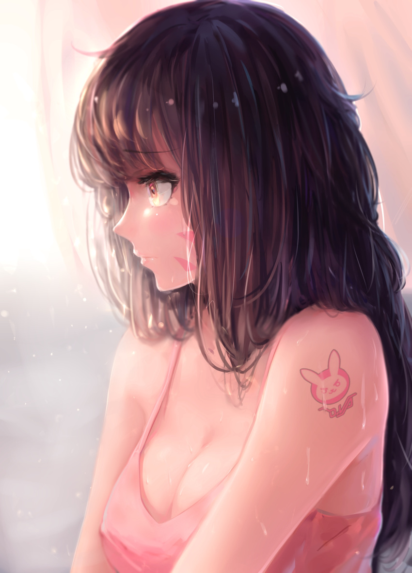 1girl absurdres arm_tattoo bangs bare_shoulders breasts brown_eyes brown_hair bunny_tattoo character_name cleavage closed_mouth collarbone covered_nipples curtains d.va_(overwatch) eyebrows eyebrows_visible_through_hair eyelashes facepaint facial_mark from_side highres kisei2 large_breasts lips lipstick long_hair makeup overwatch pink_lips pink_lipstick pink_shirt profile shirt sleeveless sleeveless_shirt solo tattoo upper_body whisker_markings