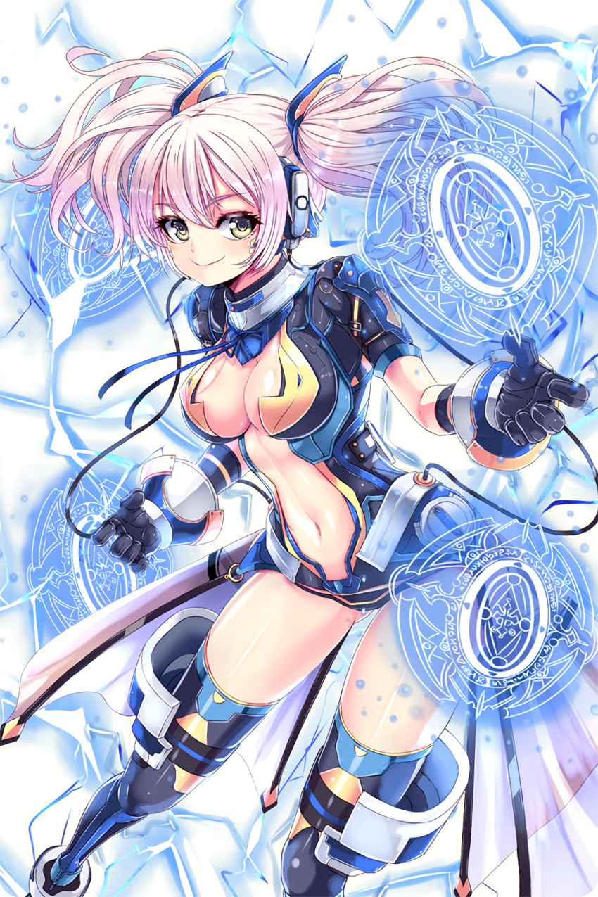 1girl black_gloves black_legwear breasts cleavage gloves headset highres iggy_(soccer_spirits) looking_at_viewer magic_circle navel official_art pink_hair reason_(ficafe) smile soccer_spirits solo standing twintails yellow_eyes