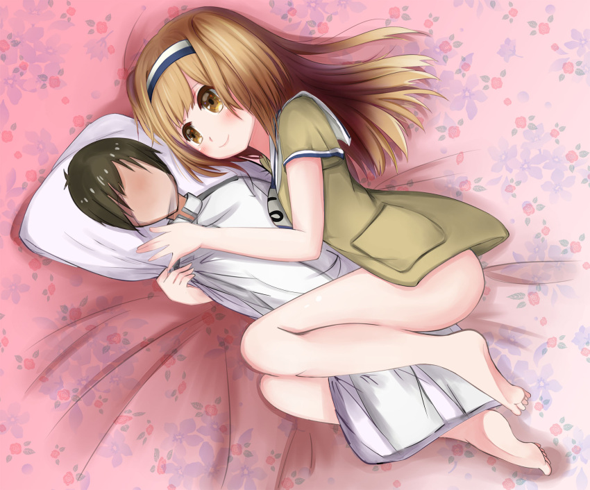 1girl admiral_(kantai_collection) barefoot between_legs dakimakura_(object) hairband highres i-26_(kantai_collection) kantai_collection light_brown_eyes light_brown_hair long_hair lying new_school_swimsuit pillow pillow_hug sailor_collar satsukikyo school_swimsuit short_sleeves smile solo swimsuit swimsuit_under_clothes two_side_up