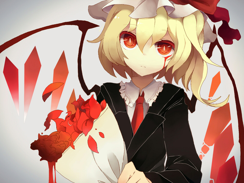1girl blonde_hair blood blood_on_face bloody_tears bouquet eyebrows eyebrows_visible_through_hair flandre_scarlet flower formal hair_between_eyes hat hat_ribbon highres looking_at_viewer mob_cap necktie petals red_eyes red_necktie red_ribbon ribbon side_ponytail solo suit touhou upper_body white_background wings yamaarashi_(kakamiaku)