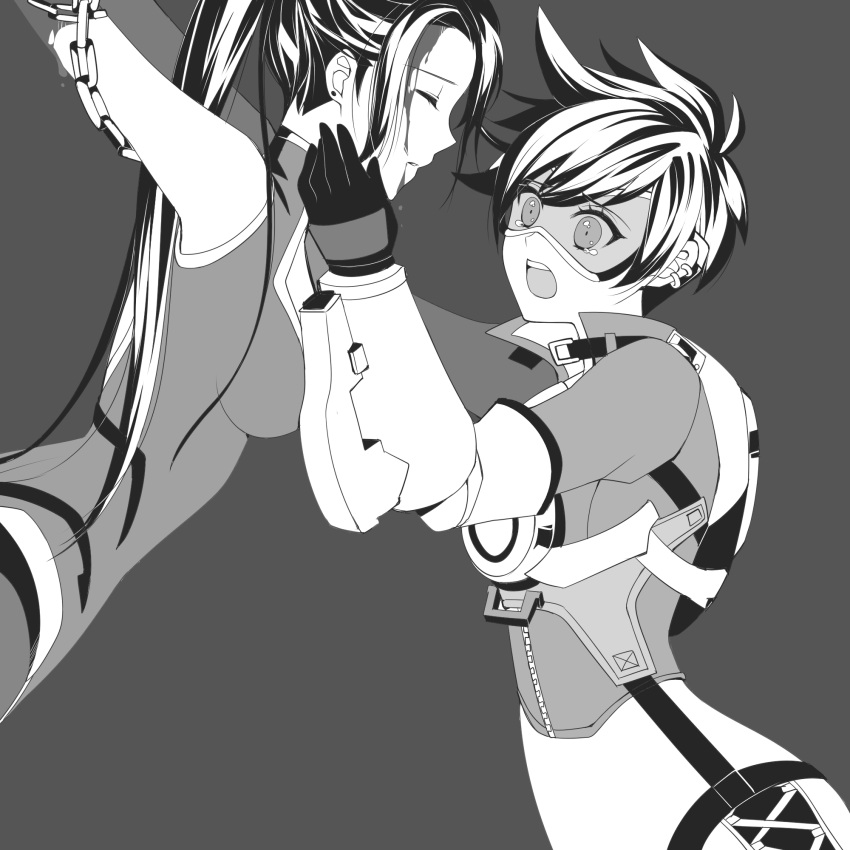 2girls atobesakunolove blood blood_from_mouth bodysuit bomber_jacket breasts chain closed_eyes distress earrings gloves goggles grey_background greyscale harness highres jacket jewelry long_hair looking_at_another medium_breasts monochrome multiple_girls open_mouth overwatch ponytail restrained short_hair simple_background spiky_hair stud_earrings tears tracer_(overwatch) upper_body very_long_hair wide-eyed widowmaker_(overwatch) yuri