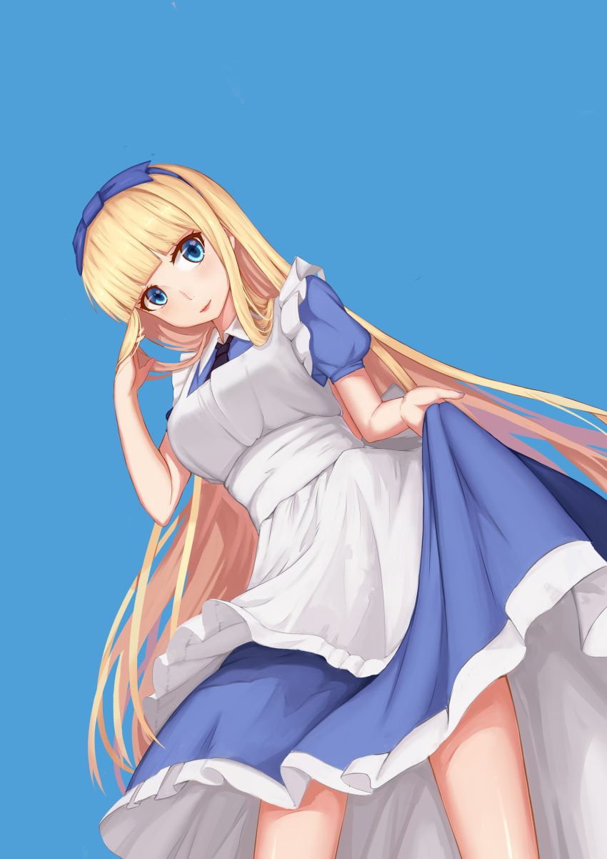 1girl absurdres blonde_hair blue_background blue_eyes hairband highres long_hair looking_at_viewer looking_down original simple_background smile solo sugar_sound