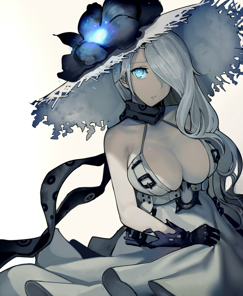 1girl blue_eyes breasts cleavage cleavage_cutout dress flower gloves glowing hair_over_one_eye hat hat_flower highres kantai_collection large_breasts long_hair looking_at_viewer open_mouth scarf seaport_summer_hime shinkaisei-kan sketch solo sun_hat sundress walzrj white_background white_hair