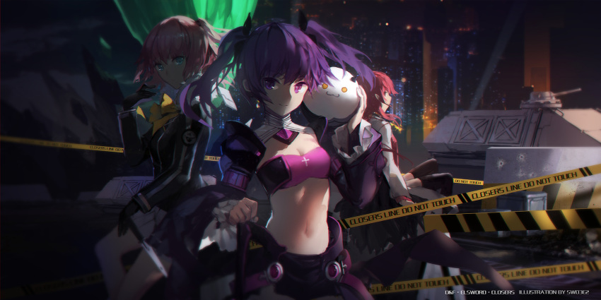 3girls aisha_(elsword) black_gloves black_legwear blue_eyes breasts character_request cleavage closers elsword gloves hair_ornament highres knife looking_at_viewer midriff multiple_girls navel pink_hair pointy_ears purple_hair red_eyes redhead seulbi_lee sitting small_breasts strapless swd3e2 thigh-highs twintails violet_eyes void_princess_(elsword)