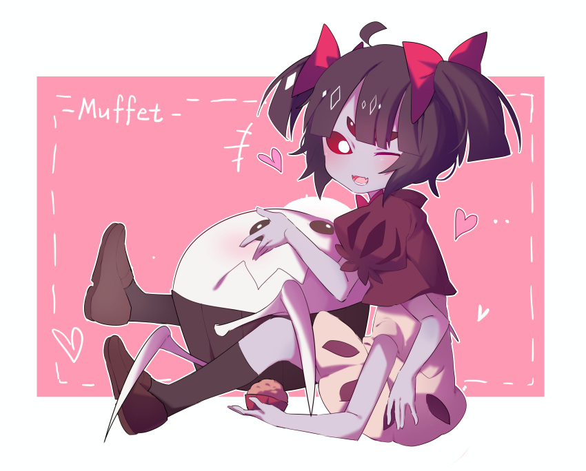 1girl ;d absurdres ahoge black_hair black_legwear bow brown_footwear character_name extra_eyes food gla grey_skin highres insect_girl looking_at_viewer monster_girl muffet muffet's_pet muffin multiple_arms one_eye_closed open_mouth pink_background pink_bow puffy_sleeves short_hair short_twintails sitting smile spider_girl twintails undertale