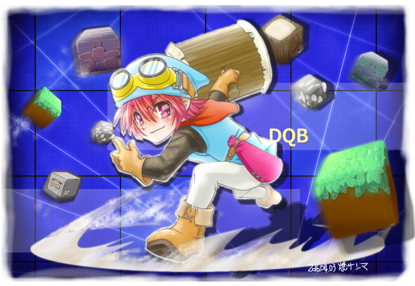 1boy bag boots copyright_name dated dragon_quest_builders gloves goggles goggles_on_head grass hammer hat hero_(dqb) red_eyes redhead rock solo yaki_sanma