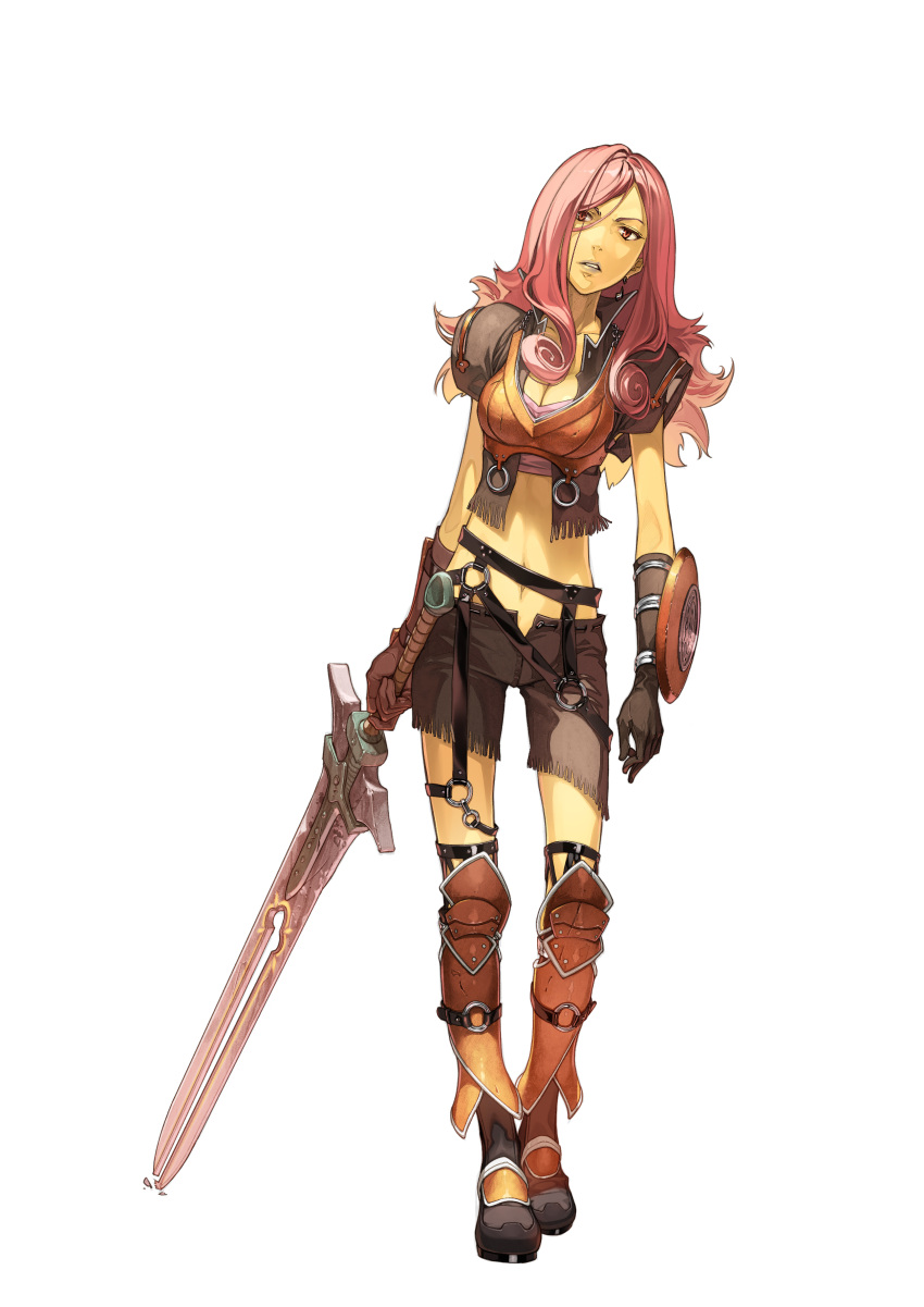 1girl absurdres boots breasts buckler character_request cleavage copyright_request fringe gloves hidari_(left_side) highres long_hair official_art parted_lips pink_eyes pink_hair shield shorts simple_background solo sword weapon white_background