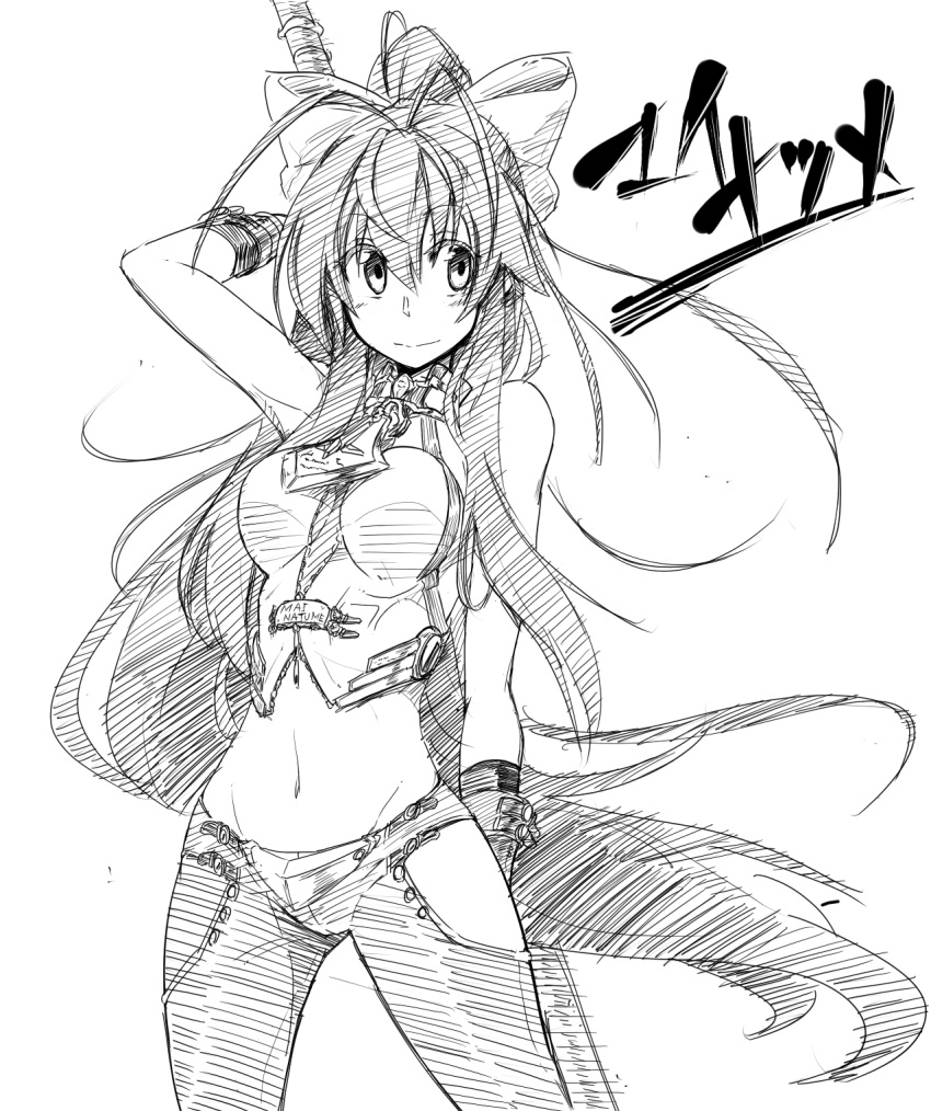 1girl antenna_hair backless_outfit bangs bare_shoulders behind_back blazblue blazblue:_central_fiction blazblue_variable_heart boots bow breasts fingerless_gloves full_body genderswap genderswap_(mtf) gloves greyscale groin hair_between_eyes hair_bow halter_top halterneck highres holding holding_weapon jitaso large_breasts long_hair looking_to_the_side lowleg lowleg_pants mai_natsume midriff monochrome navel no_bra no_panties outseal pants polearm ponytail revealing_clothes ribbon sideboob sidelocks simple_background solo spear standing very_long_hair weapon white_background