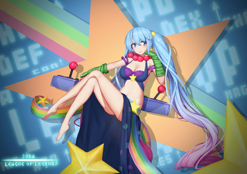 1girl absurdres arcade_sona bare_legs barefoot blue_eyes blue_hair breasts cleavage crossed_legs highres league_of_legends long_hair looking_at_viewer navel smile solo sona_buvelle sugar_sound twintails very_long_hair