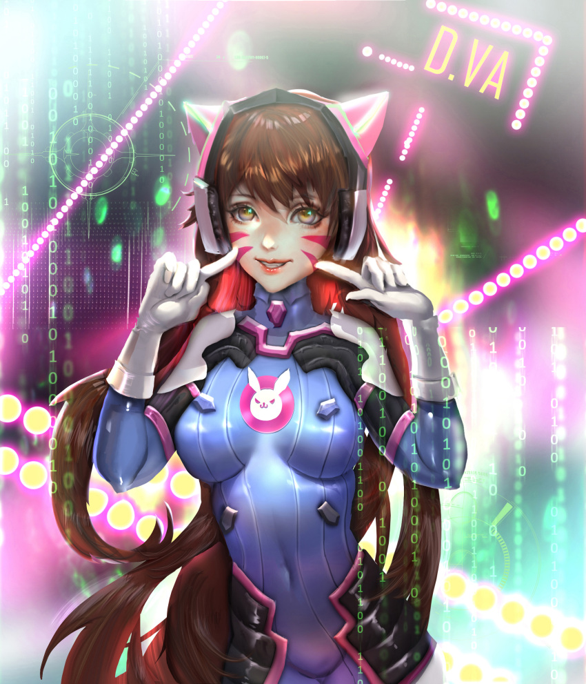 1girl absurdres bangs bodysuit boots bracer breasts breasts_apart brown_eyes brown_hair bunny_print character_name closed_mouth covered_navel cowboy_shot d.va_(overwatch) eyelashes facepaint facial_mark finger_to_face gloves grin hands_up headphones highres lips lipstick long_hair long_sleeves looking_at_viewer makeup medium_breasts overwatch pauldrons pilot_suit pink_lips pink_lipstick ribbed_bodysuit sangrde shiny shiny_clothes shoulder_pads skin_tight smile solo turtleneck whisker_markings white_boots white_gloves