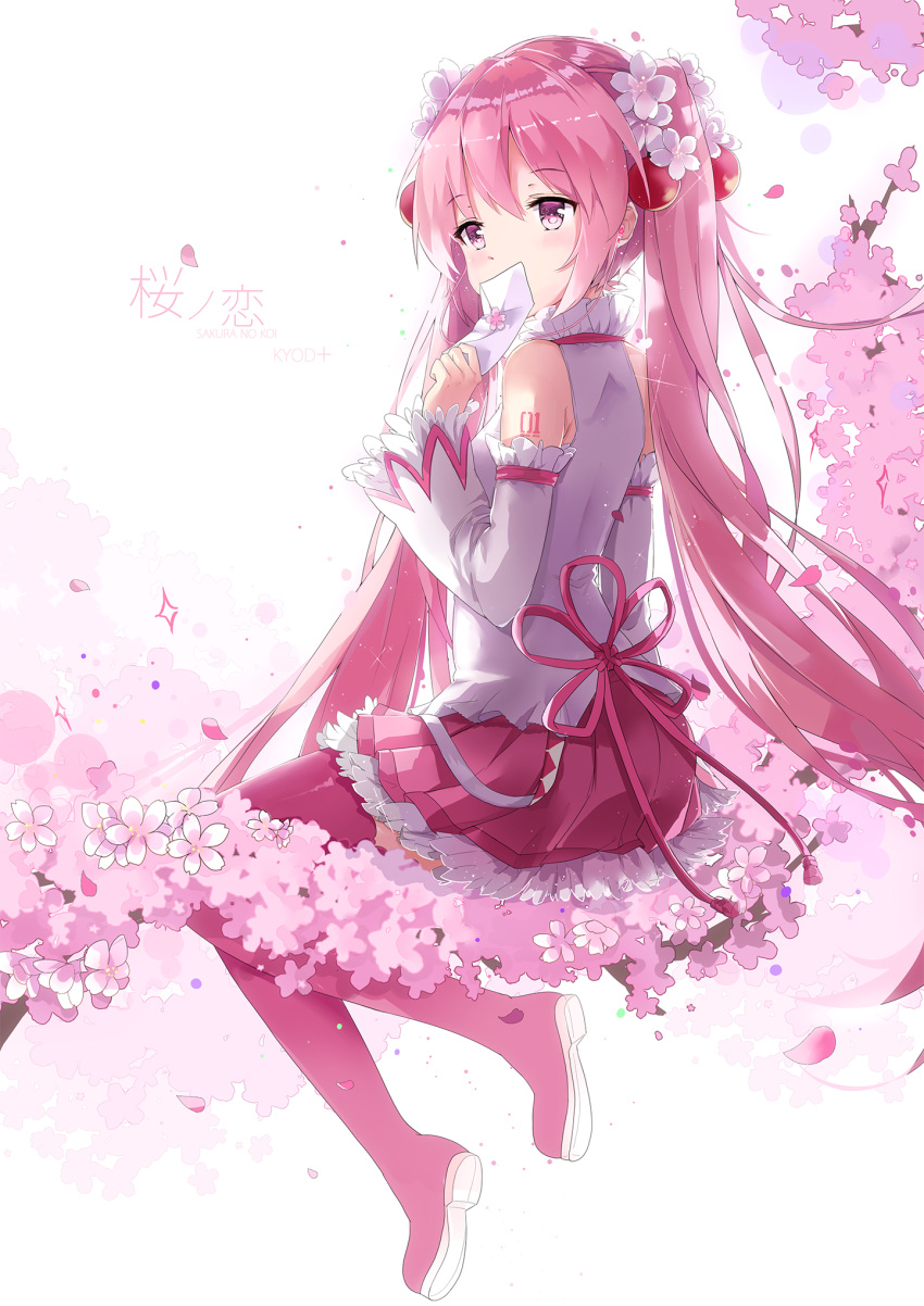 1girl artist_name bad_id boots commentary_request detached_sleeves flower from_side hair_flower hair_ornament hatsune_miku highres in_tree k.syo.e+ long_hair necktie pink_eyes pink_hair pink_legwear sakura_miku sitting sitting_in_tree skirt solo thigh-highs thigh_boots tree twintails very_long_hair vocaloid